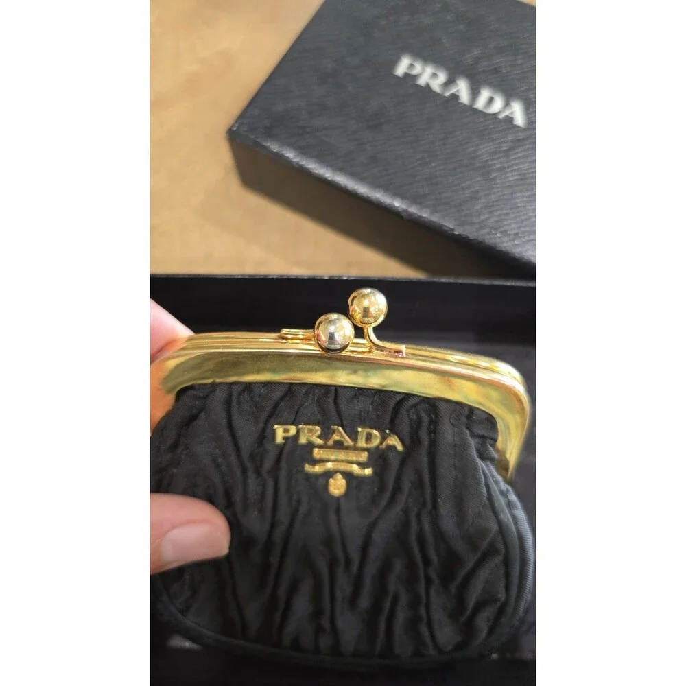 Prada Vintage Black Gaufre Nylon Kiss-Lock Coin Pouch Full Set - Box &...